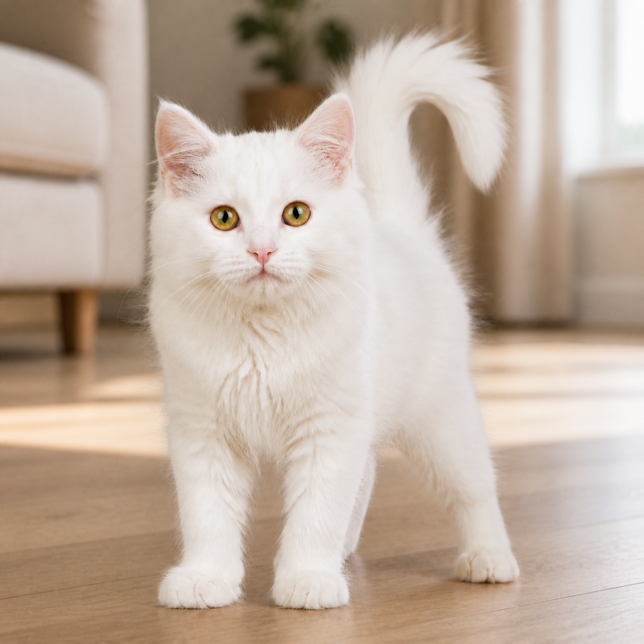 在真实家居环境中拍摄的白色小猫